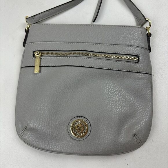 Anne Klein Gray Crossbody Bag Purse Embossed Faux Leather Polka Dot Interior - Picture 4 of 8